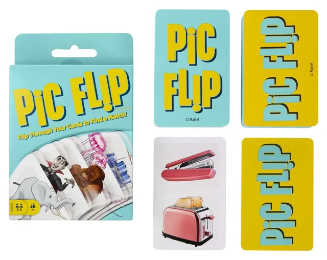 The Pic Flip box with card backs in blue and yellow and a card showing a stapler and a toaster