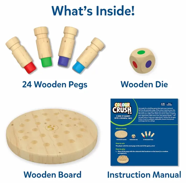 Colour Crush laid out: wooden pegs with red, green, purple and blue ends, a wooden die with coloured spots, a round wooden board and the manual