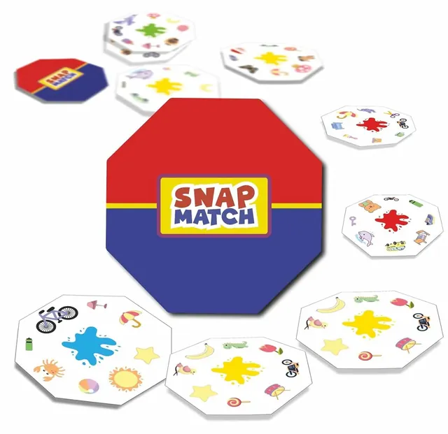 Eight-sided picture cards, each covered with small pictures, around a card back