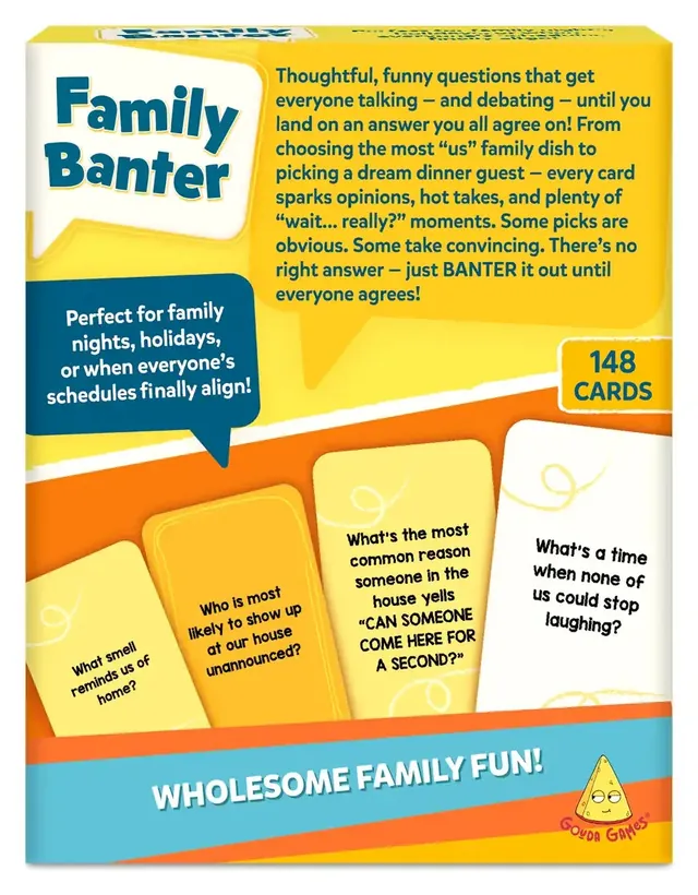 The back of the Family Banter box, with sample questions and a short description