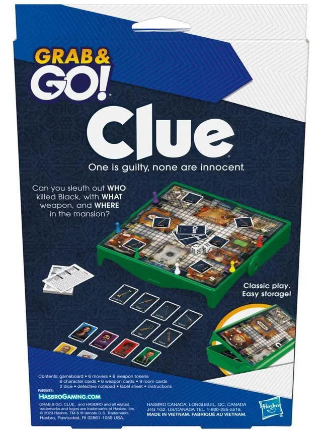 The back of the Clue Grab & Go box, with a picture of the board and the contents list