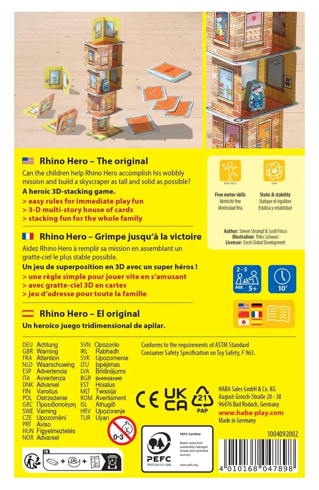 Back of the Rhino Hero box, with a short game overview and safety notes