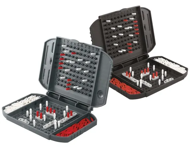 The two open cases from the side, with pegs marking hits and misses