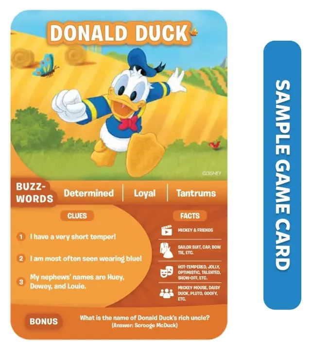 The Donald Duck game card, with the buzzwords Determined, Loyal and Tantrums, three clues, facts and a bonus question
