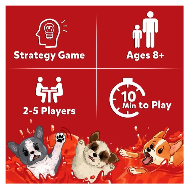 Panel reading Strategy Game, ages 8+, 2-5 players and 10 minutes to play, with three pups in the soup