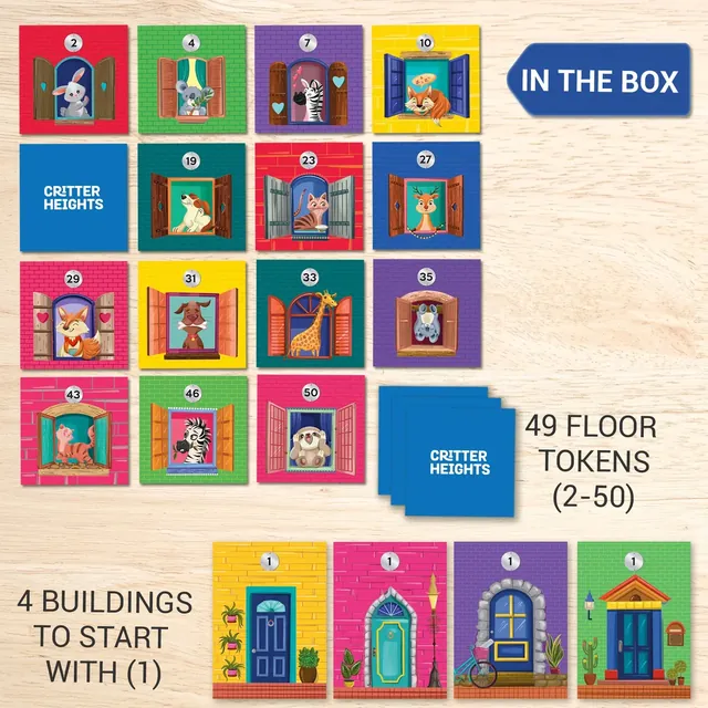 In the box: 49 floor tokens numbered 2 to 50, each with an animal at a window, and 4 starting buildings counting as 1