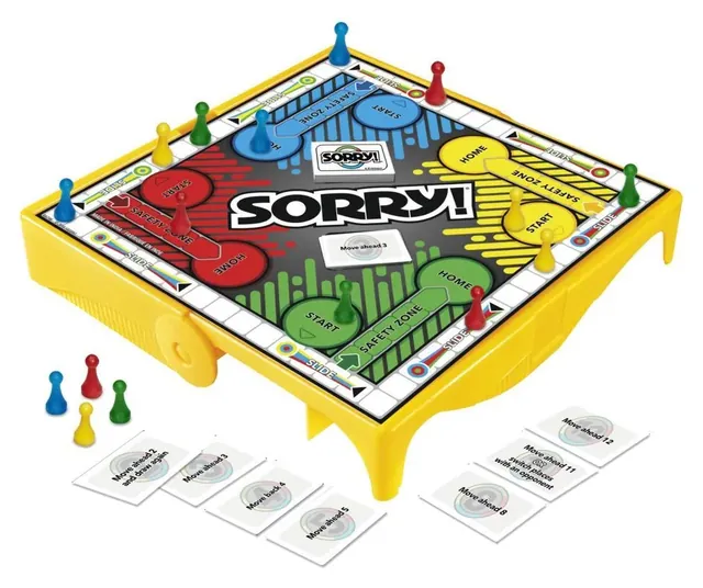 The yellow Sorry! travel case opened out as the board, with coloured pawns and cards in front