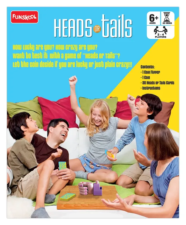 The back of the Heads or Tails box, with a family laughing around the coin flipper and the contents list