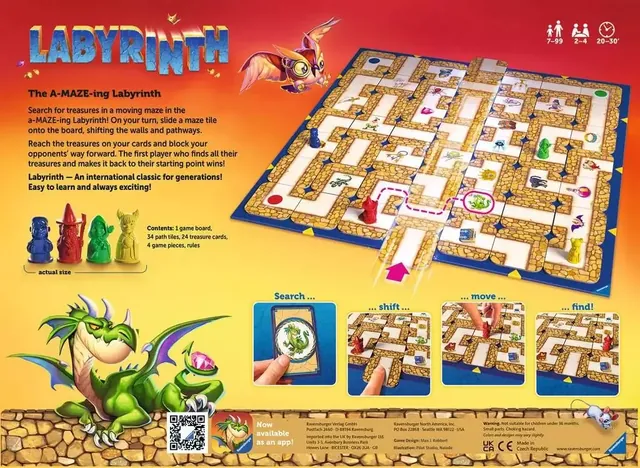 Back of the Labyrinth box showing the set-up and how a tile push works