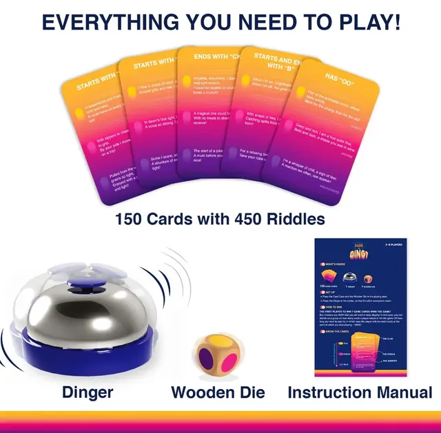 150 riddle cards, a silver dinger bell, a wooden die and the instruction manual
