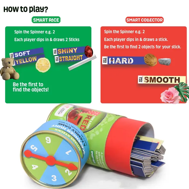 How to play: in Smart Race and Smart Collector, spin, draw sticks and be the first to find objects that fit