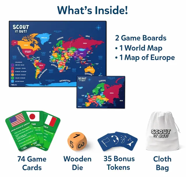 Scout It Out contents: a world map board, a map of Europe, country cards, a wooden die, bonus tokens and a cloth bag