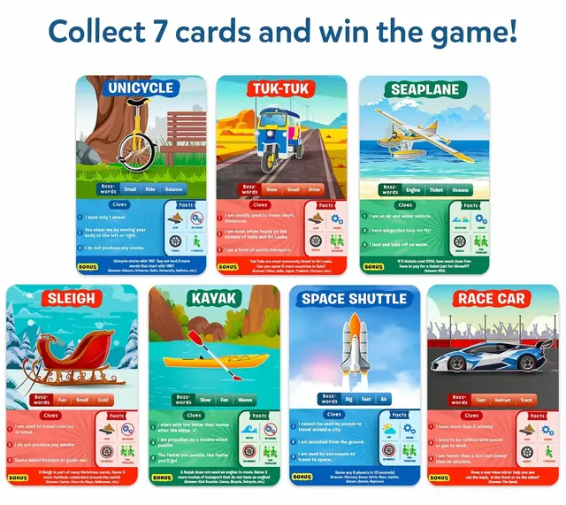Seven vehicle cards: unicycle, tuk-tuk, seaplane, sleigh, kayak, space shuttle and race car