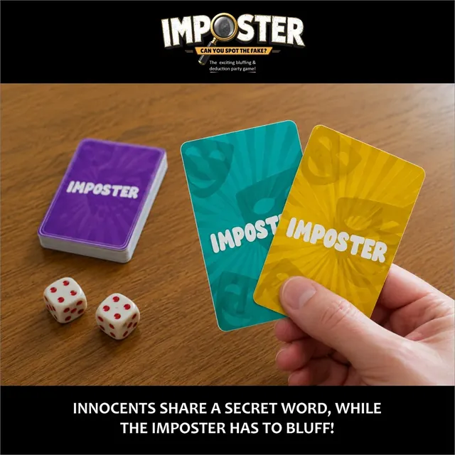 A hand holding a yellow Imposter card beside a teal card, a purple deck and two dice