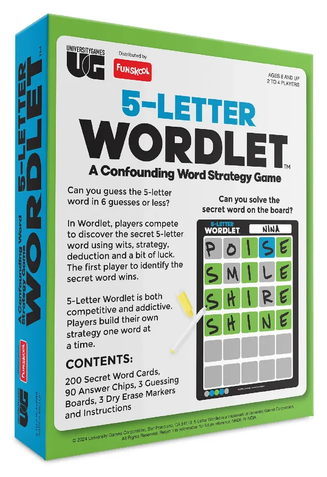 The back of the 5-Letter Wordlet box, with a sample board and the contents list