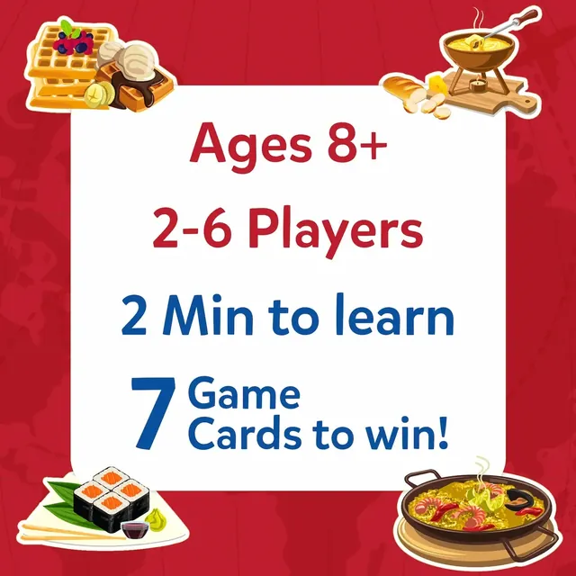 Panel reading ages 8+, 2-6 players, 2 minutes to learn and 7 game cards to win, with waffles, sushi and paella