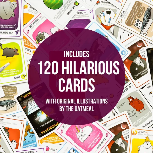 A spread of Exploding Kittens Party Pack cards with the words 'Includes 120 hilarious cards'