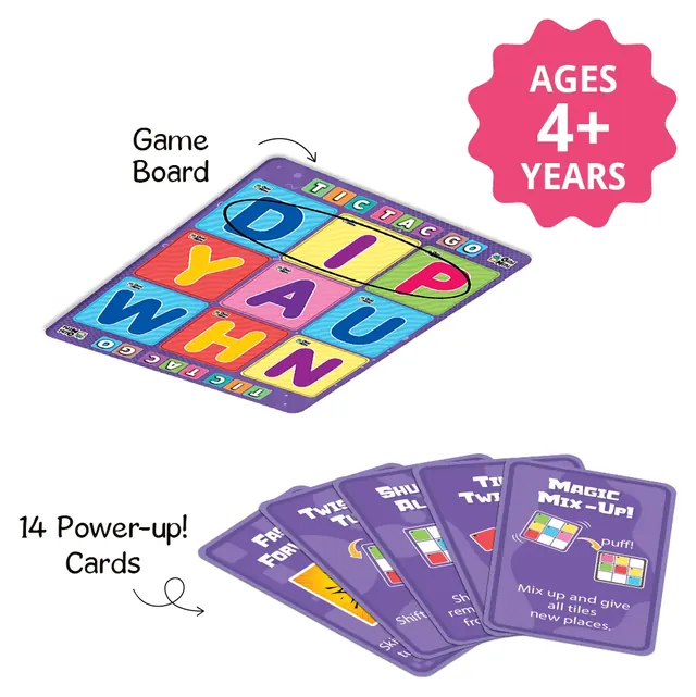 The game board with letter tiles and the Power-up! cards