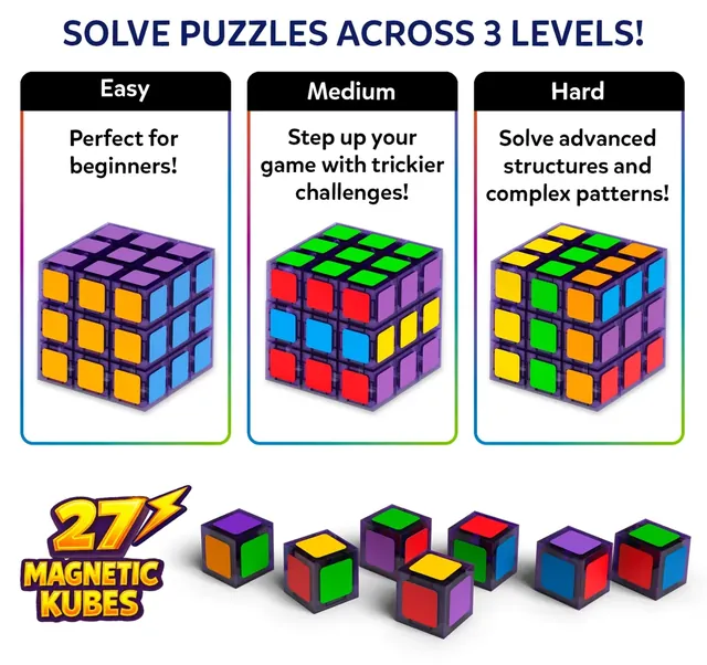 Three finished 3x3x3 cubes for the easy, medium and hard levels