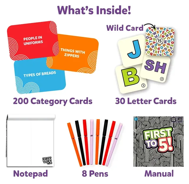 200 category cards, 30 letter cards including a wild card, a notepad, 8 pens and the manual