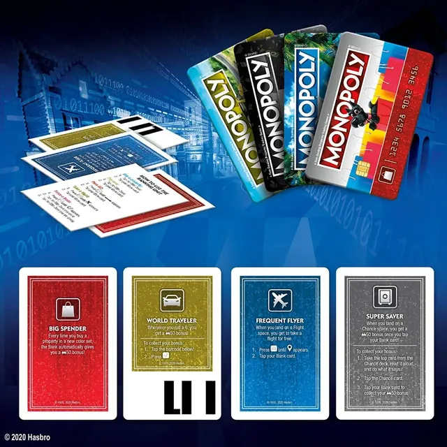 The four Monopoly bank cards fanned out above the four token reward cards