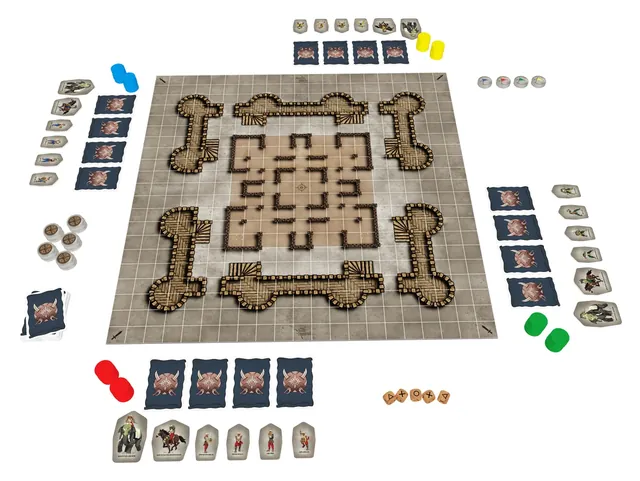 The fort-shaped board laid out with soldiers on coloured stands, cards, shield tokens and dice around it