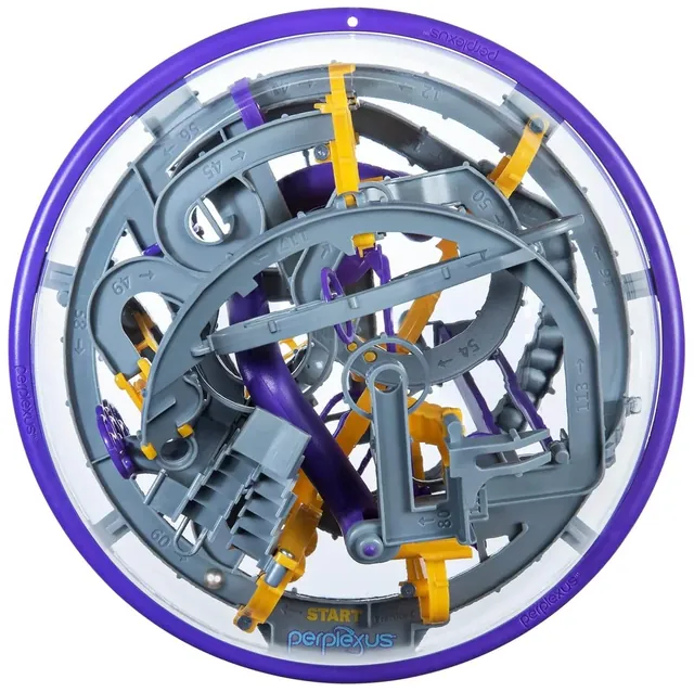 The Perplexus Epic sphere seen face on: a grey numbered track with yellow and purple parts inside a clear ball with a purple ring