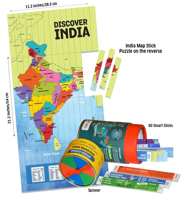 What's in the box: 60 smart sticks, the spinner and an India map stick puzzle of 54 x 28.5 cm on the reverse