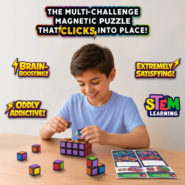 A boy at a table building the cube, with loose cubes and the guide beside him