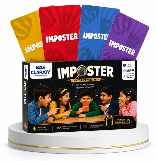 The Imposter box on a stand with four coloured cards rising behind it
