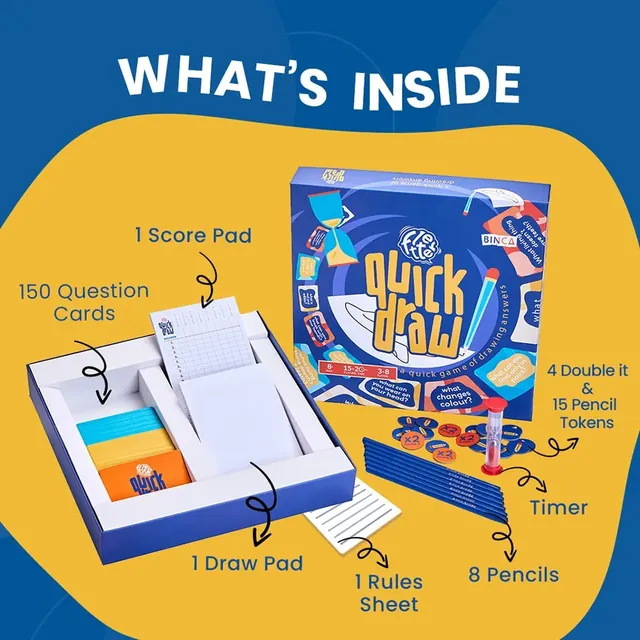 Binca's picture of the contents: 150 question cards, pencil and Double It tokens, 8 pencils, a timer, a draw pad and a score pad