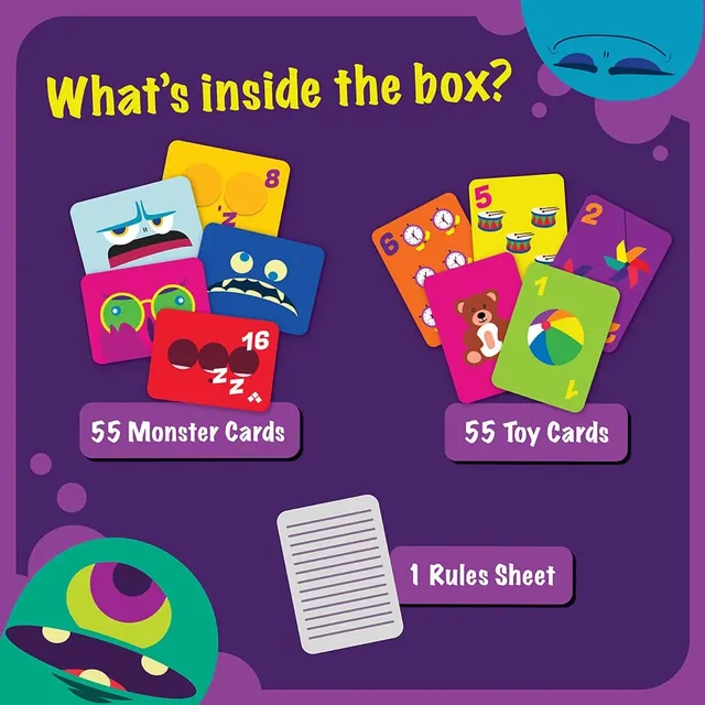 Binca's picture of the contents: 55 monster cards, 55 toy cards and a rules sheet