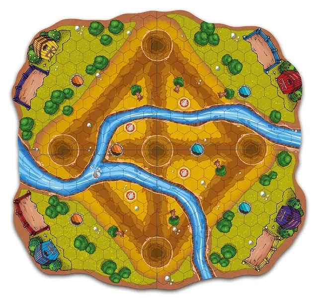 The Tornado Force board: a farm with a winding river, paths and four pens