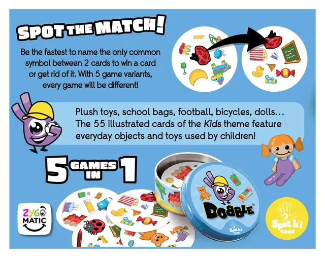The back of the Dobble Kids box, explaining how to spot the match and the five games in one
