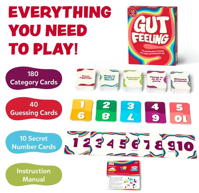 180 category cards, 40 guessing cards, 10 secret number cards and the instruction manual