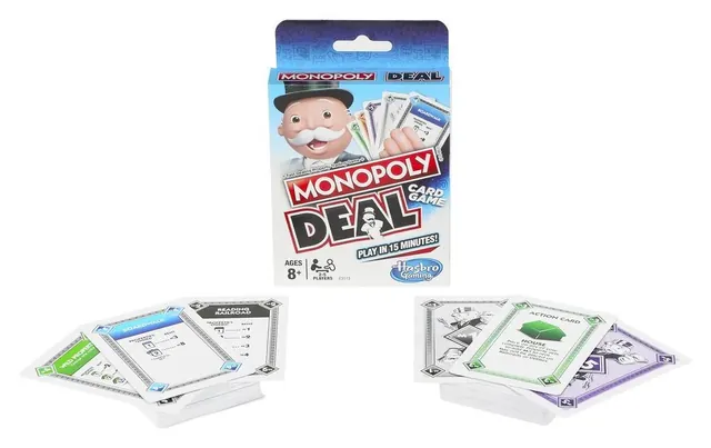 The Monopoly Deal box with property and money cards laid out beside it (English pack shown)
