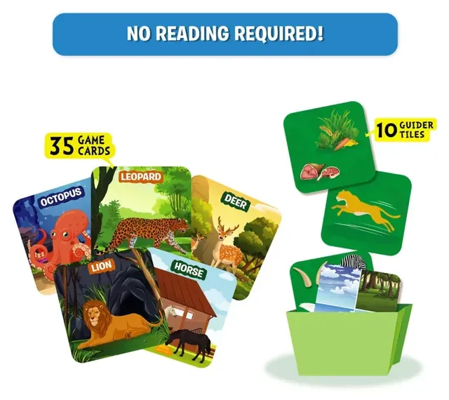 Game cards of an octopus, a leopard, a deer, a lion and a horse, with guider tiles standing in the green box
