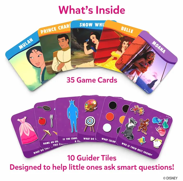 35 game cards, among them Mulan, Prince Charming, Snow White, Belle and Moana, and 10 picture guider tiles