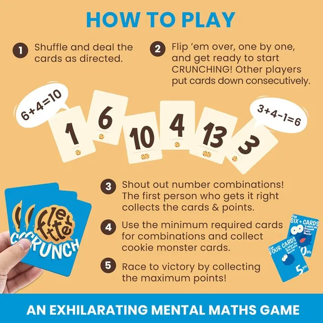 Binca's how-to-play picture: flip number cards and shout sums such as 6 + 4 = 10