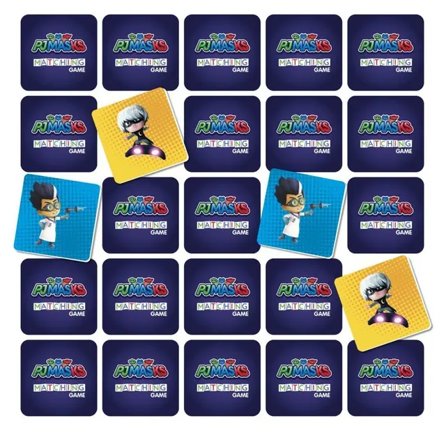 Picture cards in rows, with a few PJ Masks cards turned over