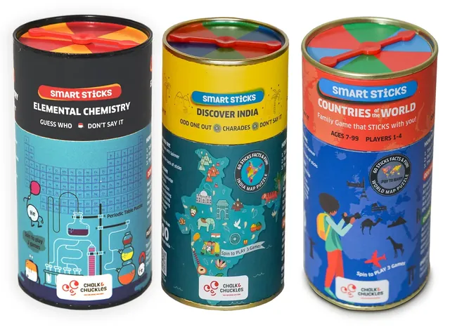 Three Smart Sticks tubes side by side: Elemental Chemistry, Discover India and Countries of the World