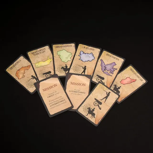 Territory cards and Secret Mission cards fanned out