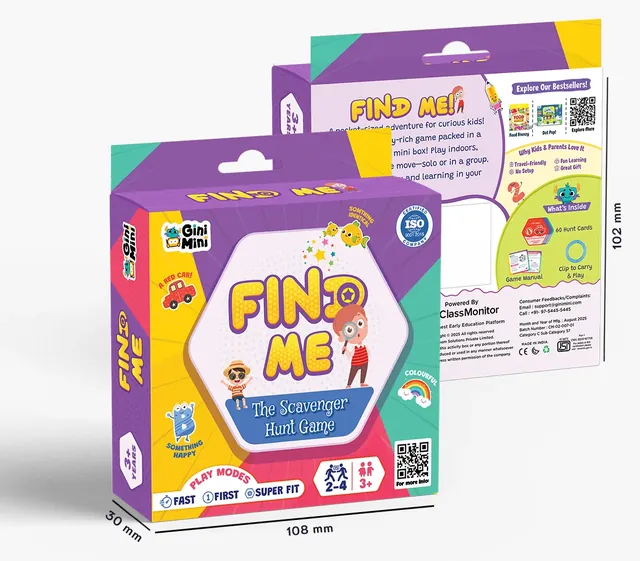 GiniMini's picture of the Find Me box front and back, about 108 x 102 x 30 mm