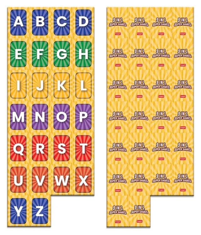 Letter cards A to Z and the backs of the cards, used in the word game