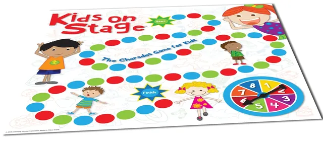 The Kids On Stage board: a winding path of coloured spaces from start to finish, with the spinner in a corner