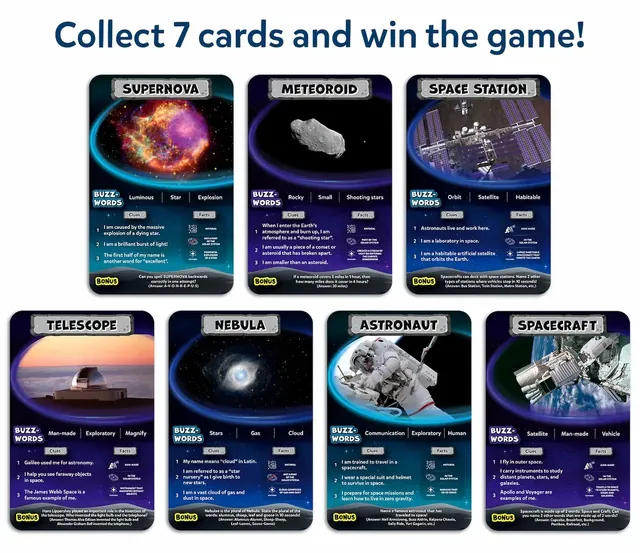 Seven space cards: a supernova, a meteoroid, a space station, a telescope, a nebula, an astronaut and a spacecraft