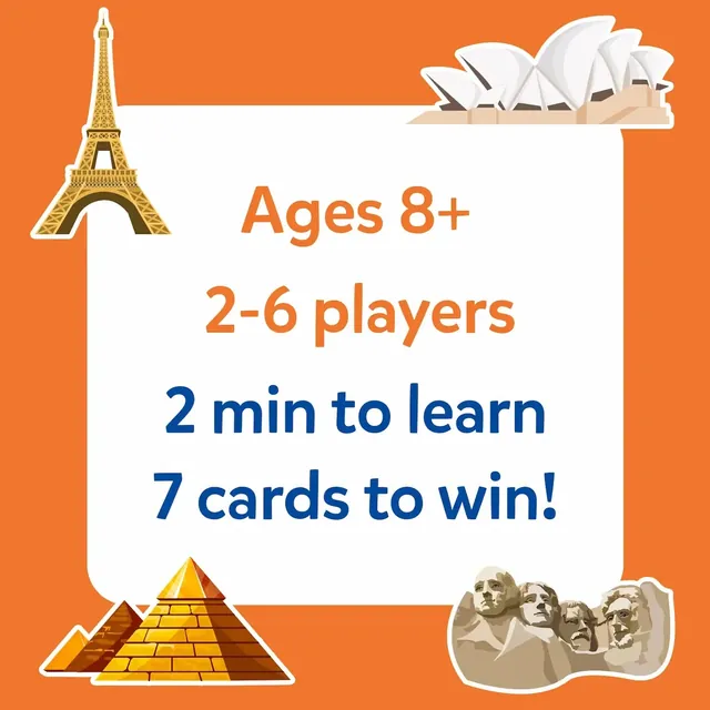 Panel reading ages 8+, 2-6 players, 2 minutes to learn and 7 cards to win, with the Eiffel Tower and the Sydney Opera House