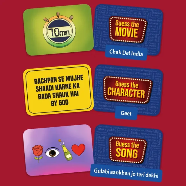Six example cards: 'Guess the movie', 'Guess the character' and 'Guess the song', with dialogue and lyric clues