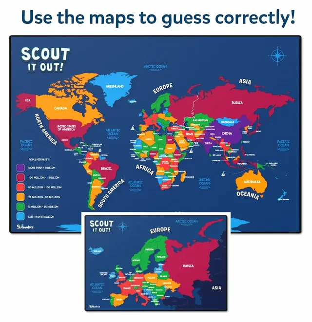 The world map board with countries coloured by population, and the smaller map of Europe