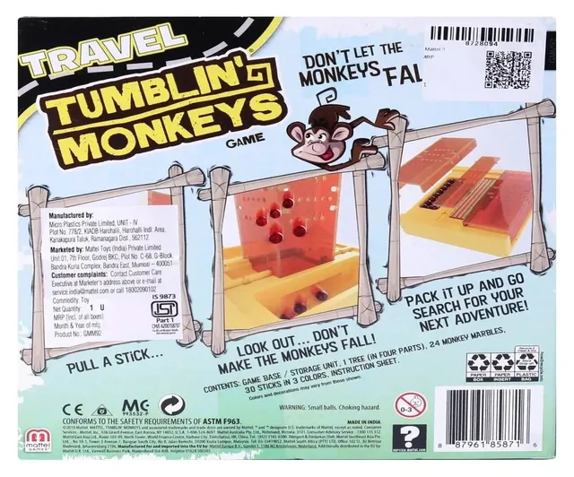 The back of the Travel Tumblin' Monkeys box, with the contents, the maker's details and the line Made in India